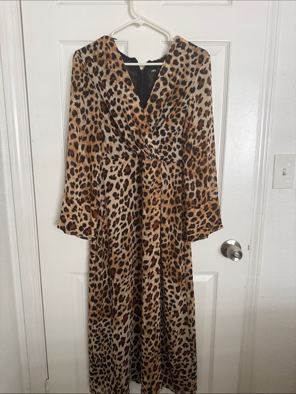 Zara Leopard Print Long Sleeve Wrap Midi Dress - Brown & Black